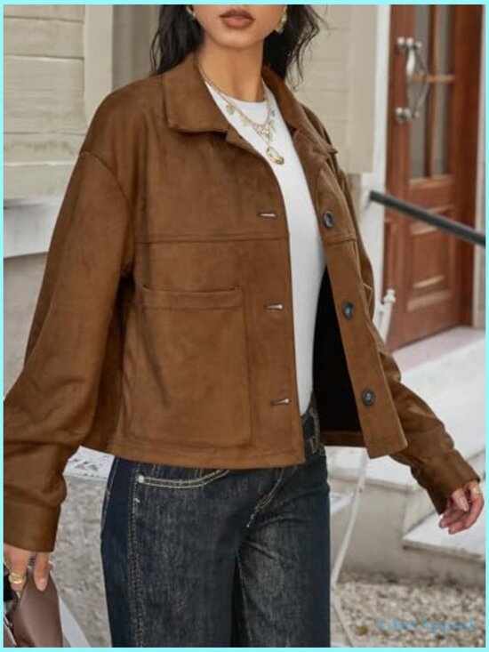 Cropped Faux Suede Jacket Lapel Collar Button Down Lightweight Shacket - Picture 3 of 6